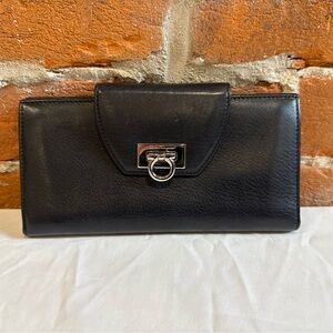 Salvatore Ferragamo Calfskin Gancini Long Wallet Black Women's Wallet